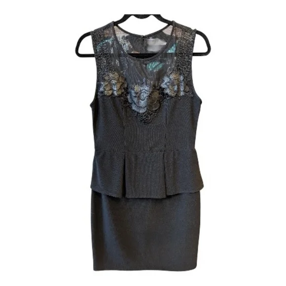 Sz 10 Bisou Bisou Elegant Black Peplum Sheath Dress with Lace Bodice - Picture 2 of 7